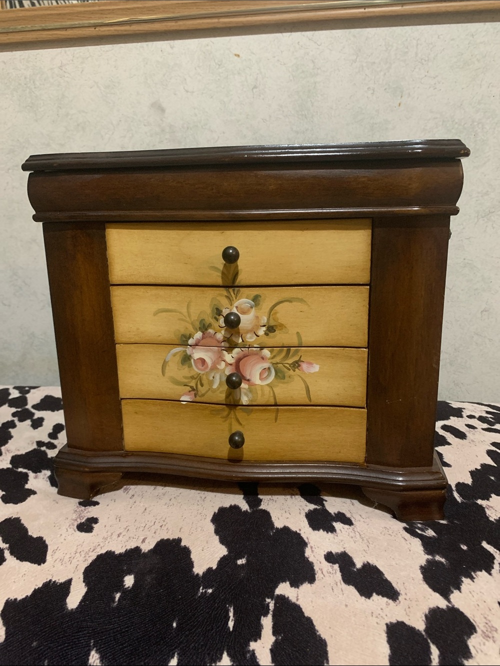 Hand-Painted Floral Wooden Jewelry Box in Brown and Cream